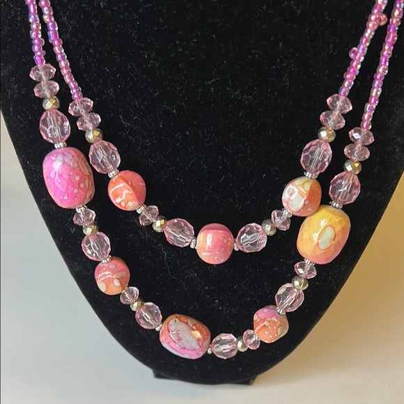Pink acrylic Beaded Necklace two tier - Picture 2 of 8